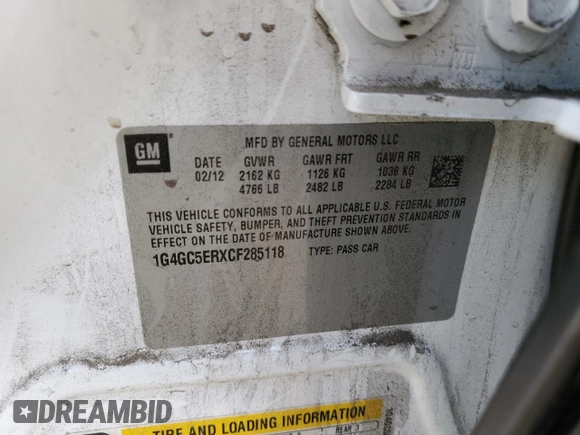 2012 Buick LaCrosse Leather with VIN 1G4GC5ERXCF285118, listed as a Copart auction lot 53356665 with 126,724 mi miles and Salvage title. Bid and sale history available at DreamBid. Image 12.