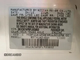 2015 Nissan Versa S Plus with VIN 3N1CN7AP0FL933852, listed as a Copart auction lot 48926775 with 96,556 mi miles and Salvage Title. Bid and sale history available at carsss.com. Image 12.