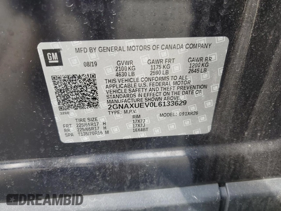 2020 Chevrolet Equinox LT with VIN 2GNAXUEV0L6133629, listed as a Copart auction lot 47398825 with 110,338 mi miles and Salvage Title. Bid and sale history available at DreamBid. Image 13.