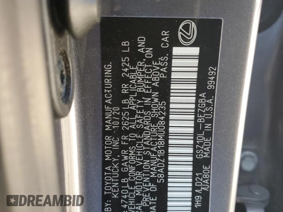 2021 Lexus ES 350 with VIN 58ADZ1B18MU084235, listed as a Copart auction lot 50713635 with 55,539 mi miles and Salvage Title. Bid and sale history available at DreamBid. Image 12.