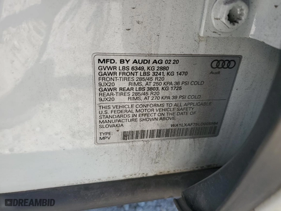2020 Audi Q7 Premium Plus with VIN WA1LXAF75LD005964, listed as a Copart auction lot 46518335 with 65,559 mi miles and Salvage Title. Bid and sale history available at carsss.com. Image 13.