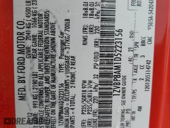 2013 Ford Mustang V6 z VIN 1ZVBP8AM1D5223156, wystawiony jako Copart lot #54687355 z przebiegiem 134 447 mil mil oraz Szkoda całkowita • Salvage title. Historia ofert i sprzedaży dostępna na DreamBid. Obrazek 13.