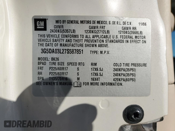 2007 Buick Rendezvous CXL with VIN 3G5DA03L27S587851, listed as a Copart auction lot 51544355 with Not Provided miles and Salvage Title. Bid and sale history available at DreamBid. Image 14.