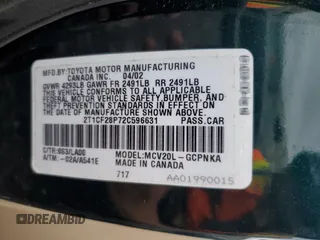 2002 Toyota Solara SE with VIN 2T1CF28P72C596631, listed as a Copart auction lot 66685114 with Not Provided miles and Salvage Title. Bid and sale history available at DreamBid. Image 12.