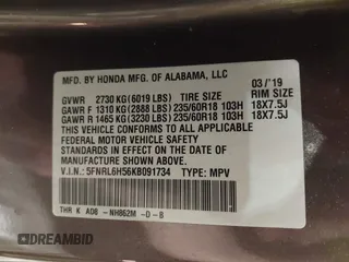 2019 Honda Odyssey EX with VIN 5FNRL6H56KB091734, listed as a IAAI auction lot 41992296 with 97,236 mi miles. Bid and sale history available at carsss.com. Image 9.