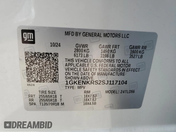 2025 GMC Acadia FWD Elevation z VIN 1GKENKRS2SJ117104, wystawiony jako Copart lot #56534325 z przebiegiem 6 025 mil mil oraz Szkoda całkowita • Salvage title. Historia ofert i sprzedaży dostępna na DreamBid. Obrazek 13.