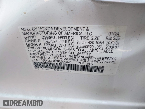 2024 Acura MDX Technology with VIN 5J8YD9H46RL006076, listed as a IAAI auction lot 42152181 with 14,707 mi miles and . Bid and sale history available at DreamBid. Image 9.