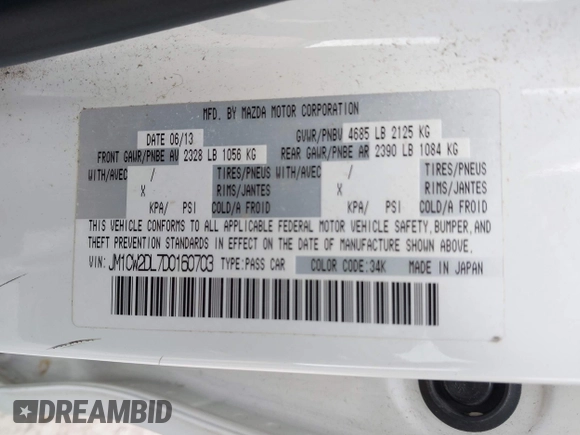 2013 Mazda Mazda5 Grand Touring with VIN JM1CW2DL7D0160703, listed as a IAAI auction lot 42050226 with 133,702 mi miles. Bid and sale history available at carsss.com. Image 9.
