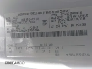 2022 Ford F-250 XL z VIN 1FD7X2A60NEF90764, wystawiony jako IAAI lot #42086688 z przebiegiem 108 681 mil mil oraz . Historia ofert i sprzedaży dostępna na DreamBid. Obrazek 9.
