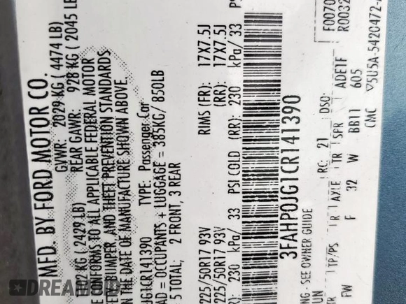 2012 Ford Fusion SEL z VIN 3FAHP0JG1CR141390, wystawiony jako Copart lot #59308505 z przebiegiem 63 955 mil mil oraz Szkoda całkowita • Salvage title. Historia ofert i sprzedaży dostępna na DreamBid. Obrazek 13.