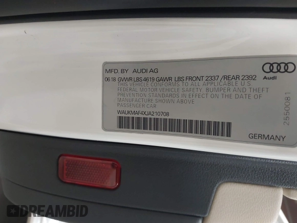 2018 Audi A4 Premium with VIN WAUKMAF4XJA210708, listed as a IAAI auction lot 41866816 with 92,999 mi miles. Bid and sale history available at carsss.com. Image 9.