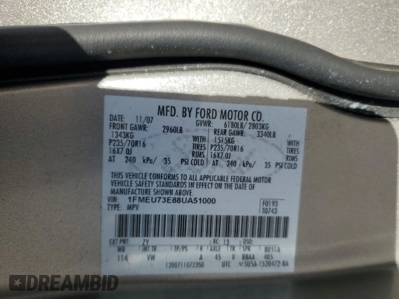 2008 Ford Explorer XLT with VIN 1FMEU73E88UA51000, listed as a Copart auction lot 52261575 with Not Provided miles and Salvage Title. Bid and sale history available at carsss.com. Image 13.