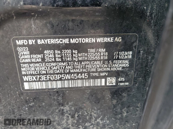 2023 BMW X1 xDrive28i with VIN WBX73EF03P5W45445, listed as a Copart auction lot 58377635 with 47,249 mi miles and Salvage title. Bid and sale history available at DreamBid. Image 13.
