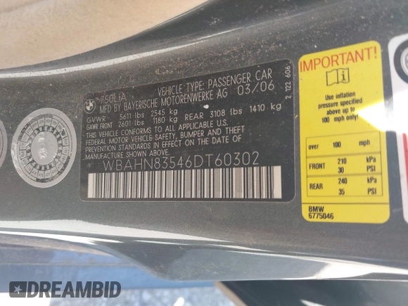 2006 BMW 7 Series 750Li with VIN WBAHN83546DT60302, listed as a IAAI auction lot 41980755 with 109,552 mi miles and . Bid and sale history available at DreamBid. Image 9.