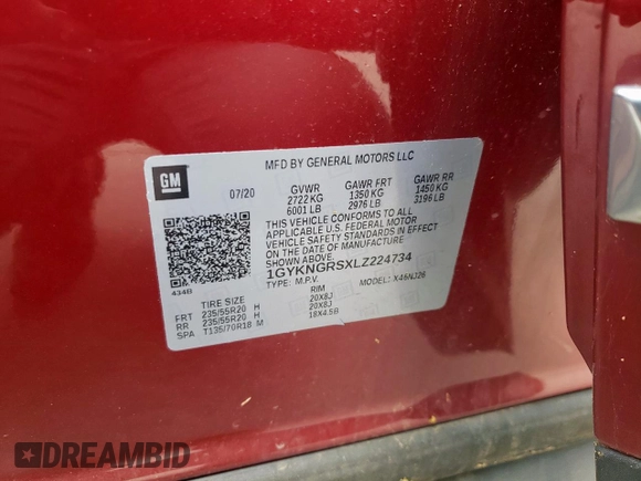 2020 Cadillac XT5 Sport AWD with VIN 1GYKNGRSXLZ224734, listed as a Copart auction lot 49961705 with Not provided miles and Salvage title. Bid and sale history available at DreamBid. Image 16.