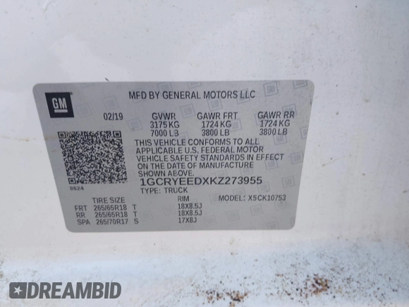 2019 Chevrolet Silverado 1500 RST with VIN 1GCRYEEDXKZ273955, listed as a IAAI auction lot 41211019 with Not Provided miles and . Bid and sale history available at DreamBid. Image 9.
