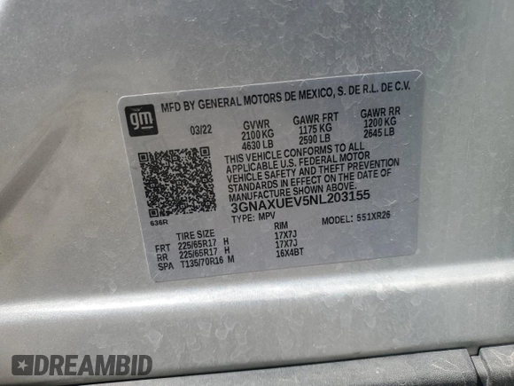 2022 Chevrolet Equinox LT z VIN 3GNAXUEV5NL203155, wystawiony jako Copart lot #60285385 z przebiegiem 112 071 mil mil oraz Czysty tytuł • Clean title. Historia ofert i sprzedaży dostępna na DreamBid. Obrazek 12.