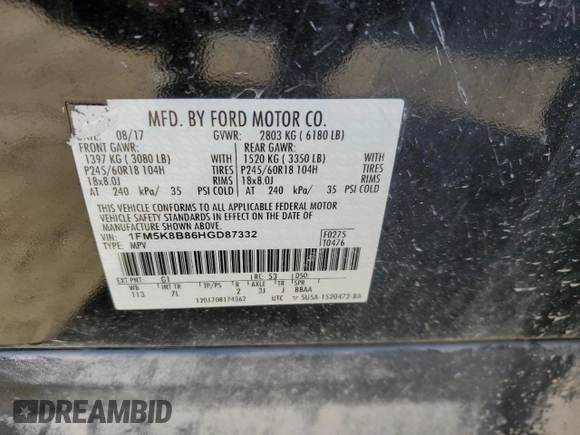 2017 Ford Explorer with VIN 1FM5K8B86HGD87332, listed as a Copart auction lot 77279364 with 107,107 mi miles and Salvage Title. Bid and sale history available at DreamBid. Image 13.
