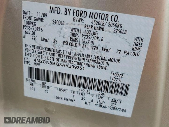 2010 Mercury Mariner with VIN 4M2CN8BG3AKJ09351, listed as a Copart auction lot 53737725 with 148,276 mi miles and Salvage title. Bid and sale history available at DreamBid. Image 13.