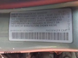 2002 Volkswagen Passat GLS z VIN WVWVD63B12E257457, wystawiony jako IAAI lot #40830908 z przebiegiem 226 392 mil mil oraz . Historia ofert i sprzedaży dostępna na DreamBid. Obrazek 9.