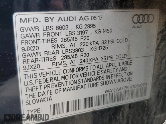 2017 Audi Q7 Premium Plus with VIN WA1LAAF75HD058074, listed as a Copart auction lot 63446045 with 214,453 mi miles and Clean title. Bid and sale history available at DreamBid. Image 14.