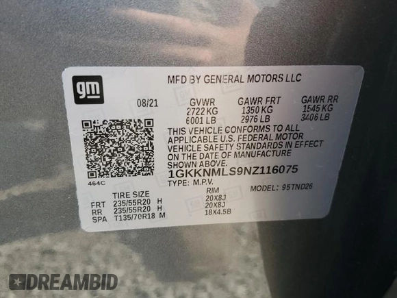 2022 GMC Acadia SLT with VIN 1GKKNMLS9NZ116075, listed as a Copart auction lot 58887355 with 33,516 mi miles and Salvage title. Bid and sale history available at DreamBid. Image 13.