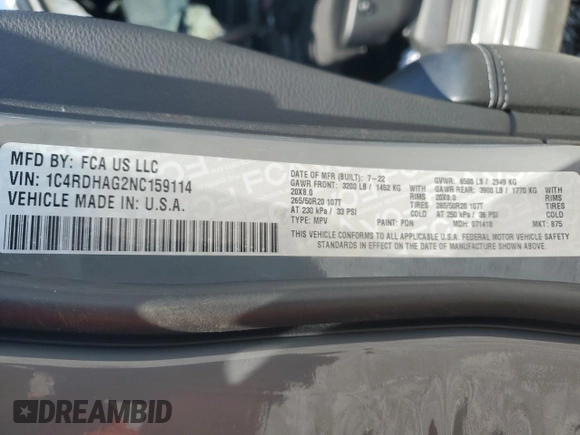 2022 Dodge Durango SXT z VIN 1C4RDHAG2NC159114, wystawiony jako Copart lot #52674985 z przebiegiem 63 757 mil mil oraz Szkoda całkowita • Salvage title. Historia ofert i sprzedaży dostępna na DreamBid. Obrazek 14.