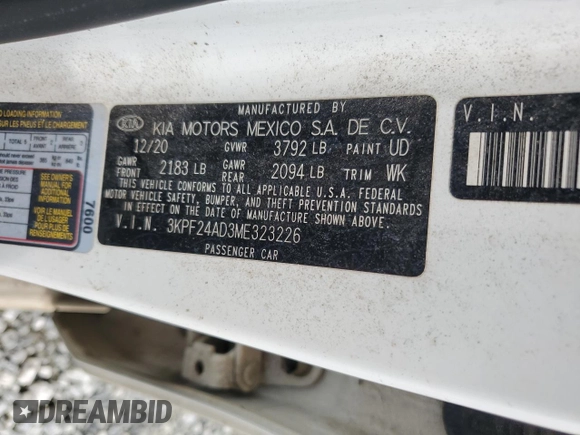 2021 Kia Forte LXS with VIN 3KPF24AD3ME323226, listed as a Copart auction lot 56724915 with 80,705 mi miles and Salvage title. Bid and sale history available at DreamBid. Image 13.