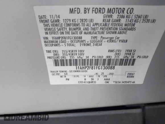 2015 Ford Taurus Limited with VIN 1FAHP2F81FG130088, listed as a IAAI auction lot 41738245 with 87,964 mi miles. Bid and sale history available at carsss.com. Image 9.