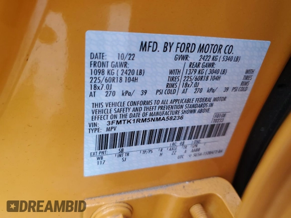 2022 Ford Mustang Mach-E Select z VIN 3FMTK1RM5NMA58236, wystawiony jako Copart lot #53661975 z przebiegiem 36 561 mil mil oraz Szkoda całkowita • Salvage title. Historia ofert i sprzedaży dostępna na DreamBid. Obrazek 13.