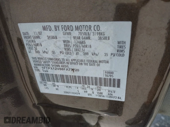 2008 Ford F-150 XL with VIN 1FTPX12V88FA77720, listed as a IAAI auction lot 42362251 with 259,870 mi miles and . Bid and sale history available at DreamBid. Image 9.