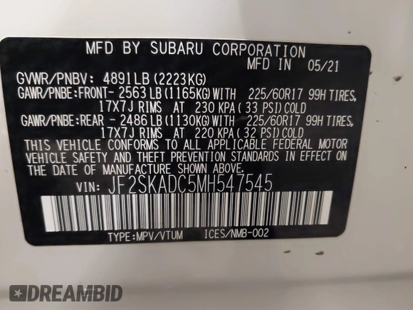 2021 Subaru Forester with VIN JF2SKADC5MH547545, listed as a IAAI auction lot 41187915 with 133,498 mi miles. Bid and sale history available at carsss.com. Image 9.