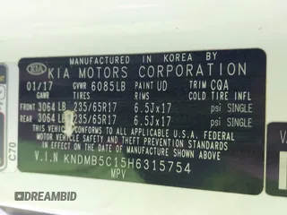 2017 Kia Sedona LX with VIN KNDMB5C15H6315754, listed as a IAAI auction lot 41428668 with 46,023 mi miles. Bid and sale history available at carsss.com. Image 9.