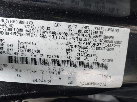 2012 Ford Focus SE with VIN 1FAHP3K27CL455211, listed as a IAAI auction lot 42048868 with 164,474 mi miles. Bid and sale history available at carsss.com. Image 9.