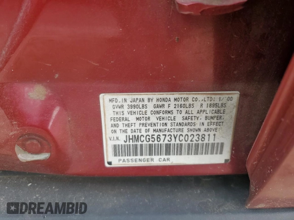 2000 Honda Accord SE with VIN JHMCG5673YC023811, listed as a Copart auction lot 56331885 with 194,416 mi miles and Salvage title. Bid and sale history available at DreamBid. Image 12.
