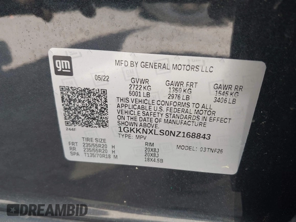 2022 GMC Acadia Denali with VIN 1GKKNXLS0NZ168843, listed as a IAAI auction lot 42322489 with 30,293 mi miles and . Bid and sale history available at DreamBid. Image 9.
