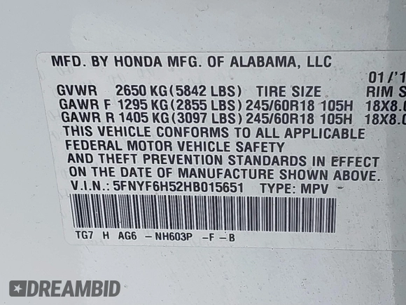 2017 Honda Pilot EX-L with VIN 5FNYF6H52HB015651, listed as a IAAI auction lot 41538814 with 121,433 mi miles and . Bid and sale history available at DreamBid. Image 9.