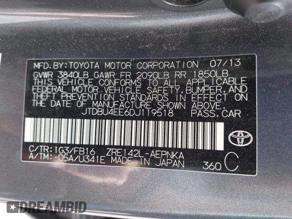 2013 Toyota Corolla L with VIN JTDBU4EE6DJ119518, listed as a IAAI auction lot 41963425 with 71,276 mi miles. Bid and sale history available at carsss.com. Image 9.