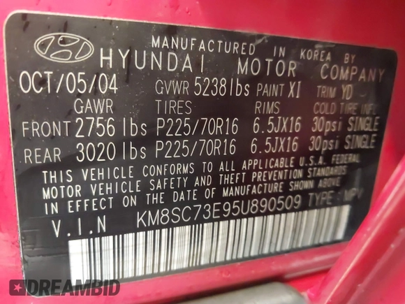 2005 Hyundai Santa Fe GLS with VIN KM8SC73E95U890509, listed as a IAAI auction lot 41726541 with 171,992 mi miles. Bid and sale history available at carsss.com. Image 9.