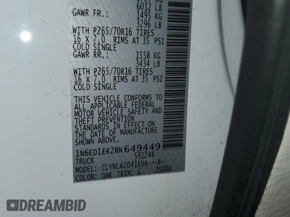 2024 Nissan Frontier SL with VIN 1N6ED1EK2RN649449, listed as a Copart auction lot 61984495 with 6,069 mi miles and Salvage title. Bid and sale history available at DreamBid. Image 13.