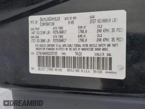 2005 Dodge Dakota SLT with VIN 1D7HE48N05S335725, listed as a Copart auction lot 89332925 with 190,520 mi miles and Clean Title. Bid and sale history available at DreamBid. Image 12.