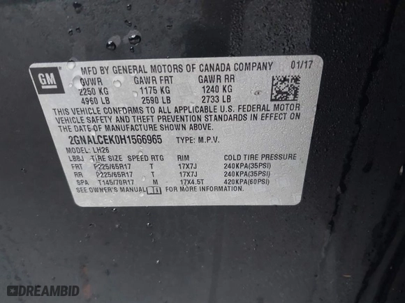 2017 Chevrolet Equinox LT with VIN 2GNALCEK0H1566965, listed as a IAAI auction lot 41542405 with 138,559 mi miles. Bid and sale history available at carsss.com. Image 9.