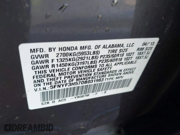 2013 Honda Pilot EX-L with VIN 5FNYF3H57DB031983, listed as a IAAI auction lot 41912221 with 148,908 mi miles. Bid and sale history available at carsss.com. Image 9.