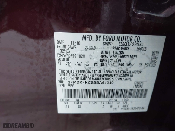2011 Ford Edge Limited with VIN 2FMDK4KC9BBA61340, listed as a IAAI auction lot 41909371 with 152,524 mi miles. Bid and sale history available at carsss.com. Image 9.