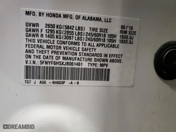2018 Honda Pilot EX-L with VIN 5FNYF6H5XJB061461, listed as a Copart auction lot 48563155 with 107,263 mi miles and Salvage Title. Bid and sale history available at carsss.com. Image 14.