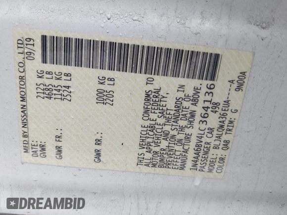 2020 Nissan Maxima S with VIN 1N4AA6BV4LC364136, listed as a IAAI auction lot 42195018 with 38,941 mi miles and . Bid and sale history available at DreamBid. Image 9.