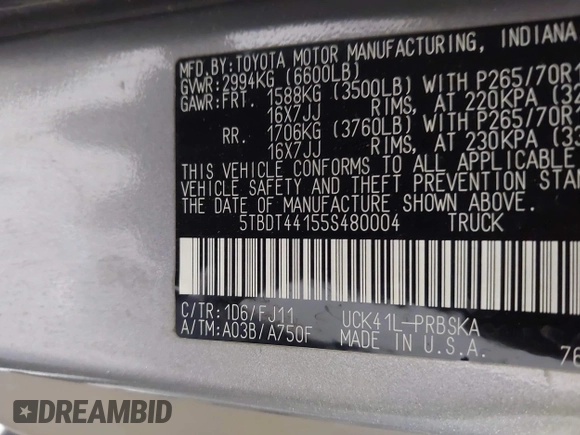 2005 Toyota Tundra SR5 with VIN 5TBDT44155S480004, listed as a IAAI auction lot 42137500 with 209,856 mi miles and . Bid and sale history available at DreamBid. Image 9.