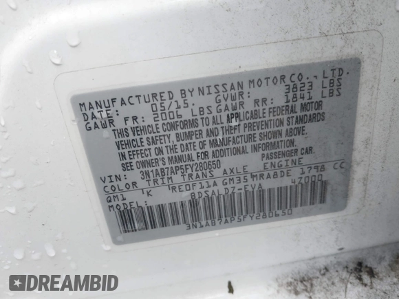 2015 Nissan Sentra SV with VIN 3N1AB7AP5FY280650, listed as a IAAI auction lot 41967805 with 154,175 mi miles and . Bid and sale history available at DreamBid. Image 9.