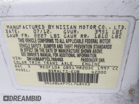 2012 Nissan Sentra S with VIN 3N1AB6AP7CL768453, listed as a IAAI auction lot 42326885 with 164,153 mi miles and . Bid and sale history available at DreamBid. Image 9.