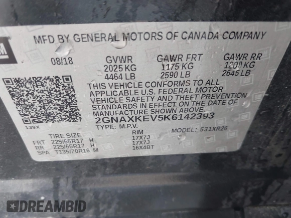 2019 Chevrolet Equinox LT with VIN 2GNAXKEV5K6142393, listed as a IAAI auction lot 41347355 with 104,623 mi miles and . Bid and sale history available at carsss.com. Image 9.